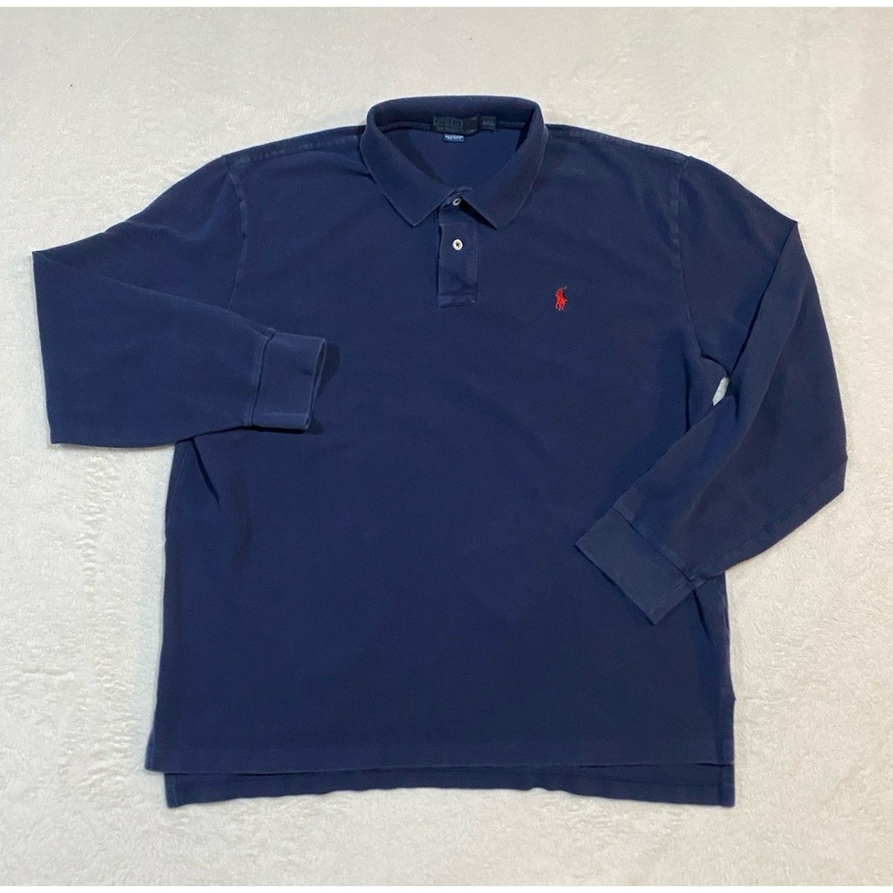 Polo Ralph Lauren Polo Shirt Men XXL Blue Long Sleeve Classic Mesh Red Pony